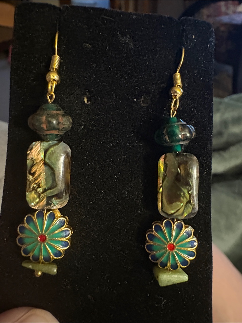 Hand Crafted Green Abalone & Enamel Daisy Drop Earrings